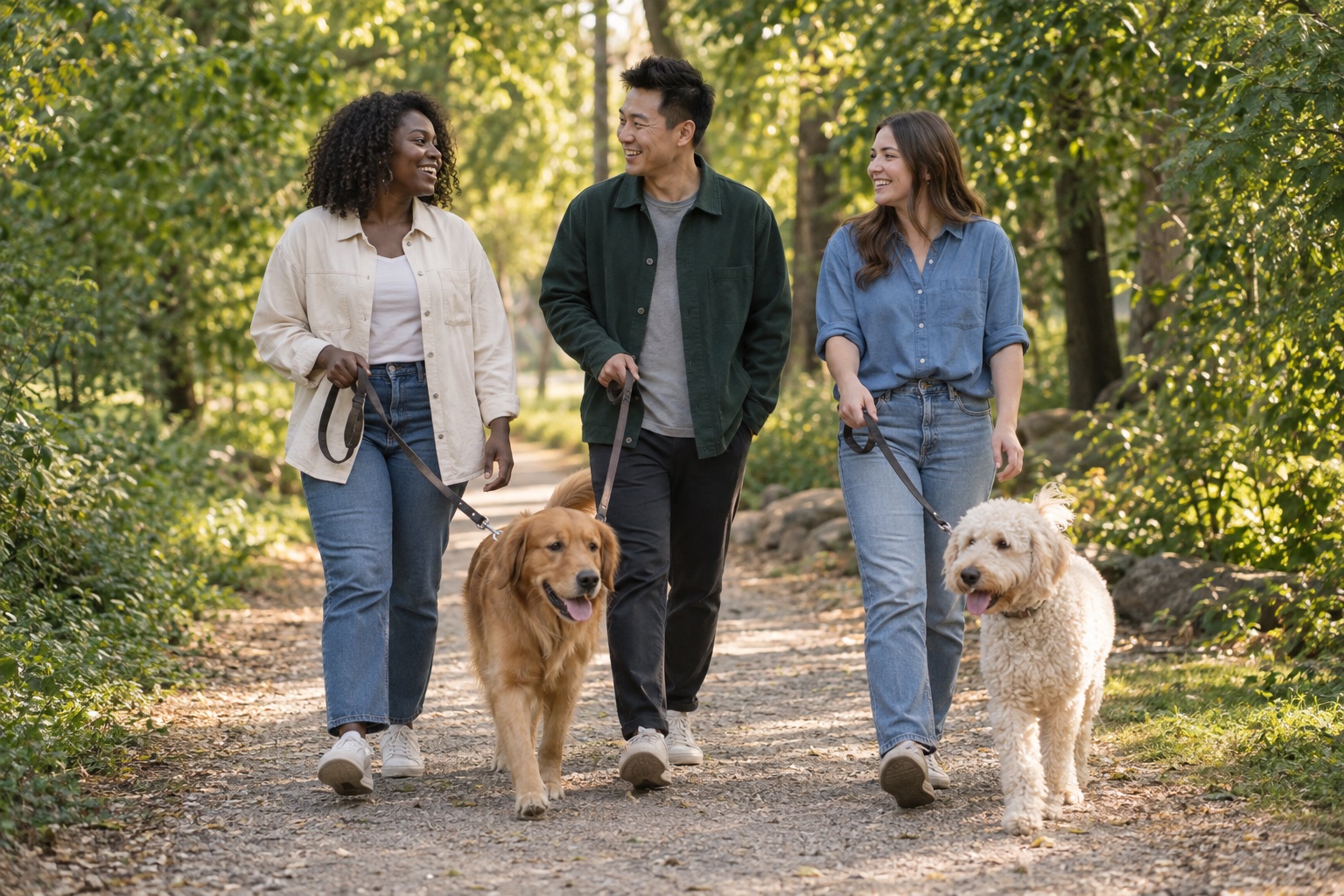 Dog owners enjoying a walk together