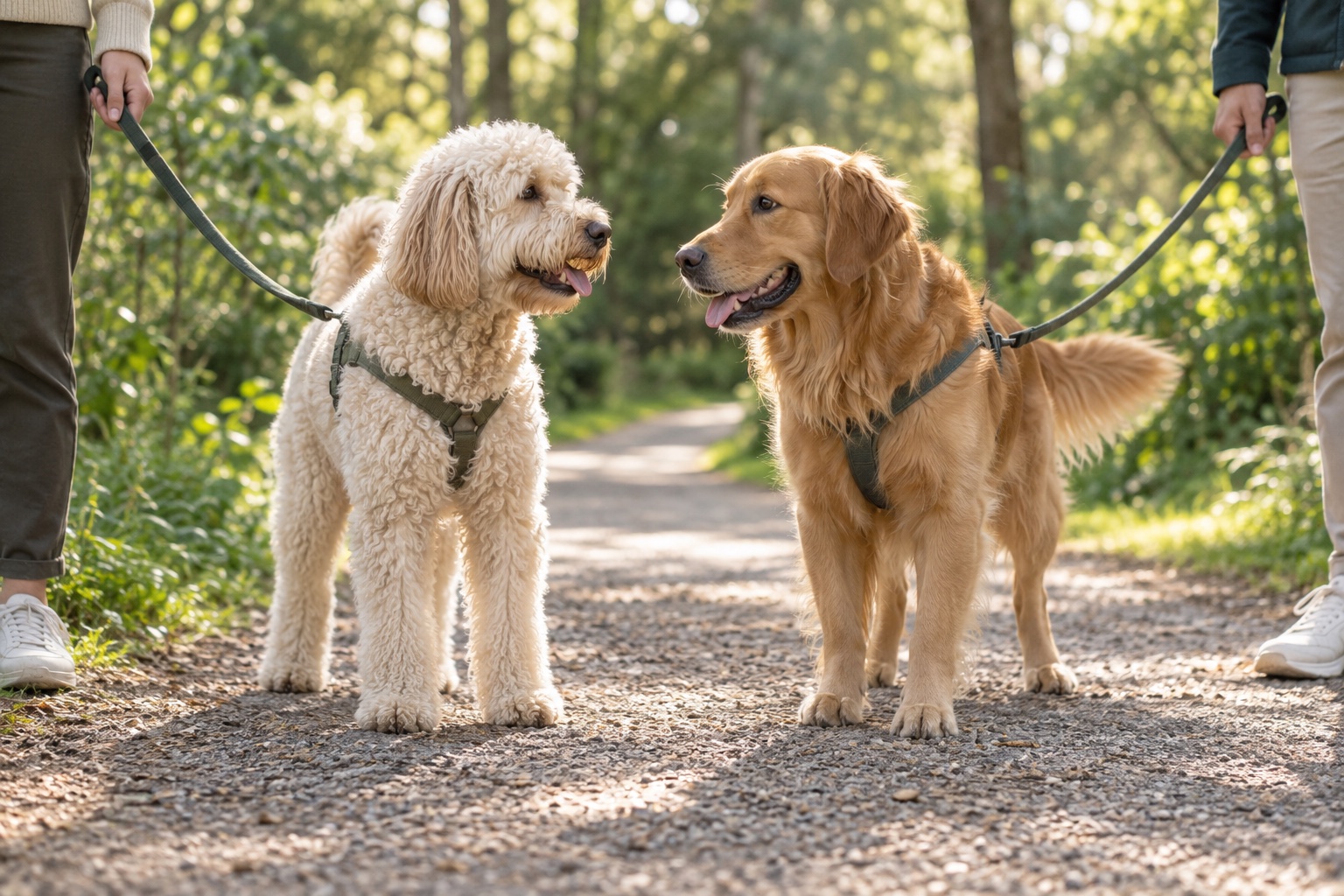 Two dogs meeting on a park path