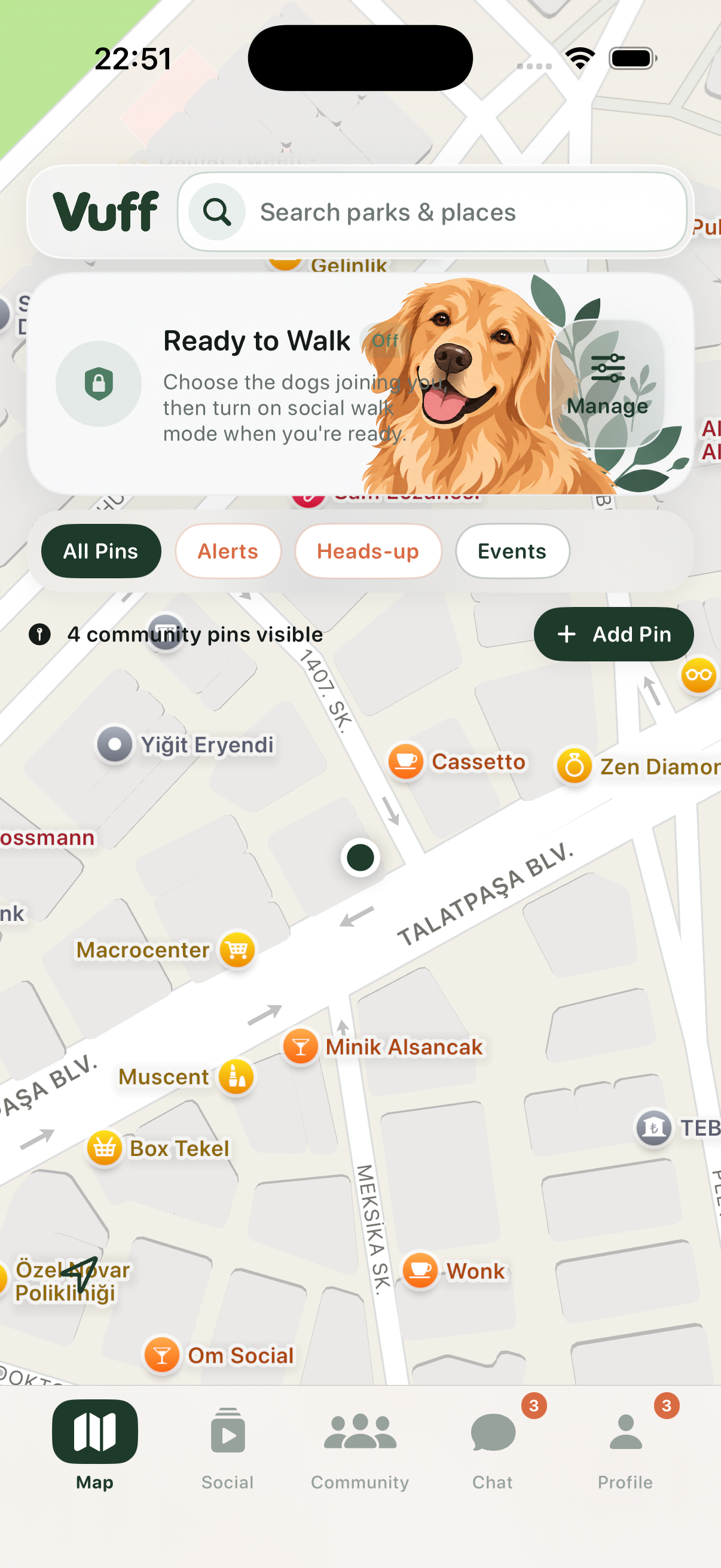 Vuff on iPhone 17: the Ready to Walk map with alerts, heads-up, events, and Add Pin controls